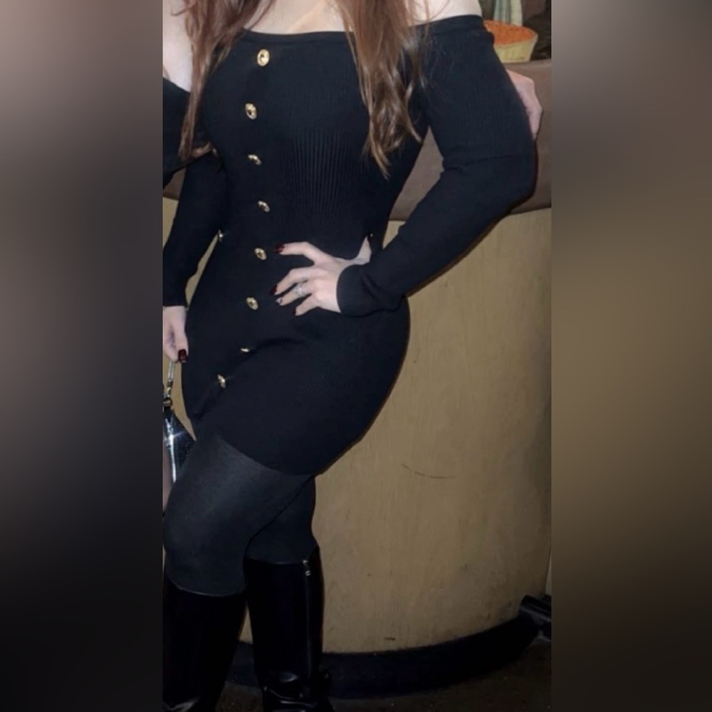 Windsor Black Off-Shoulder Dress with Gold Buttons